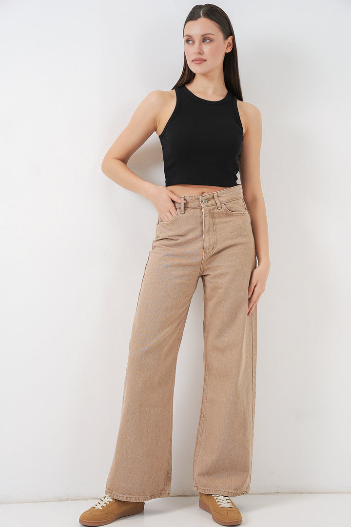 Bigdart Pantalon Palazzo en Jean Femme Taille Haute à Jambes Amples 6656 - Vison