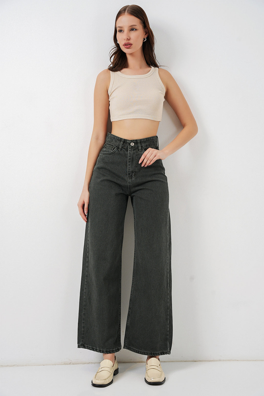 Bigdart Pantalon palazzo taille haute en denim large pour femme 6656 - Vert