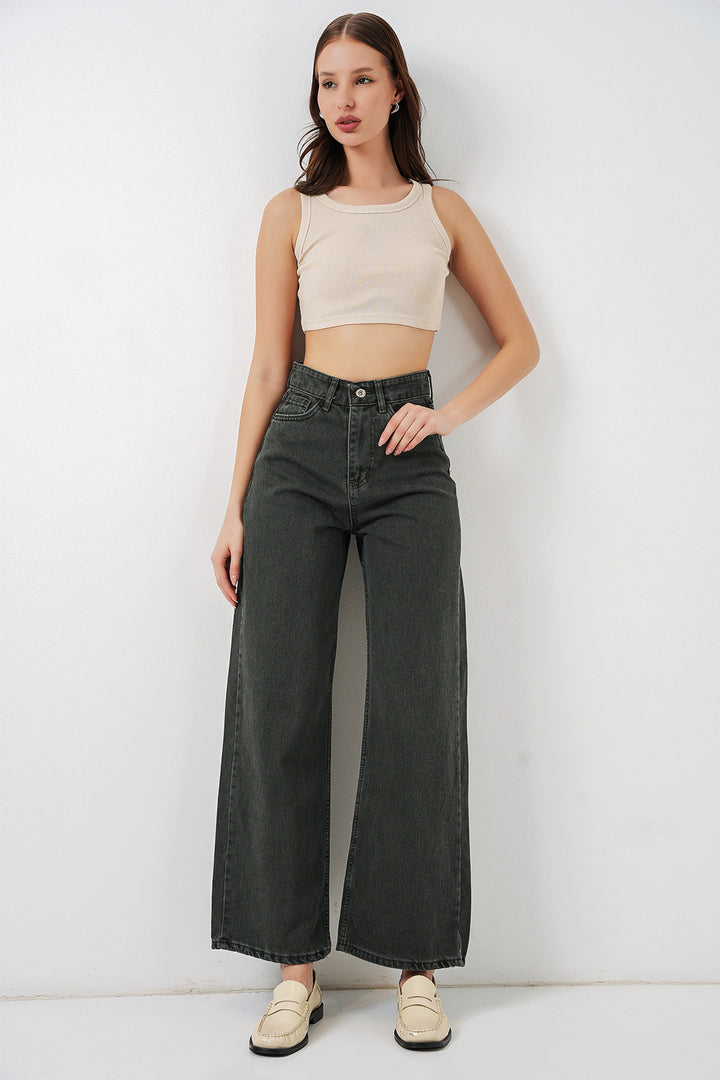 Bigdart Pantalon palazzo taille haute en denim large pour femme 6656 - Vert