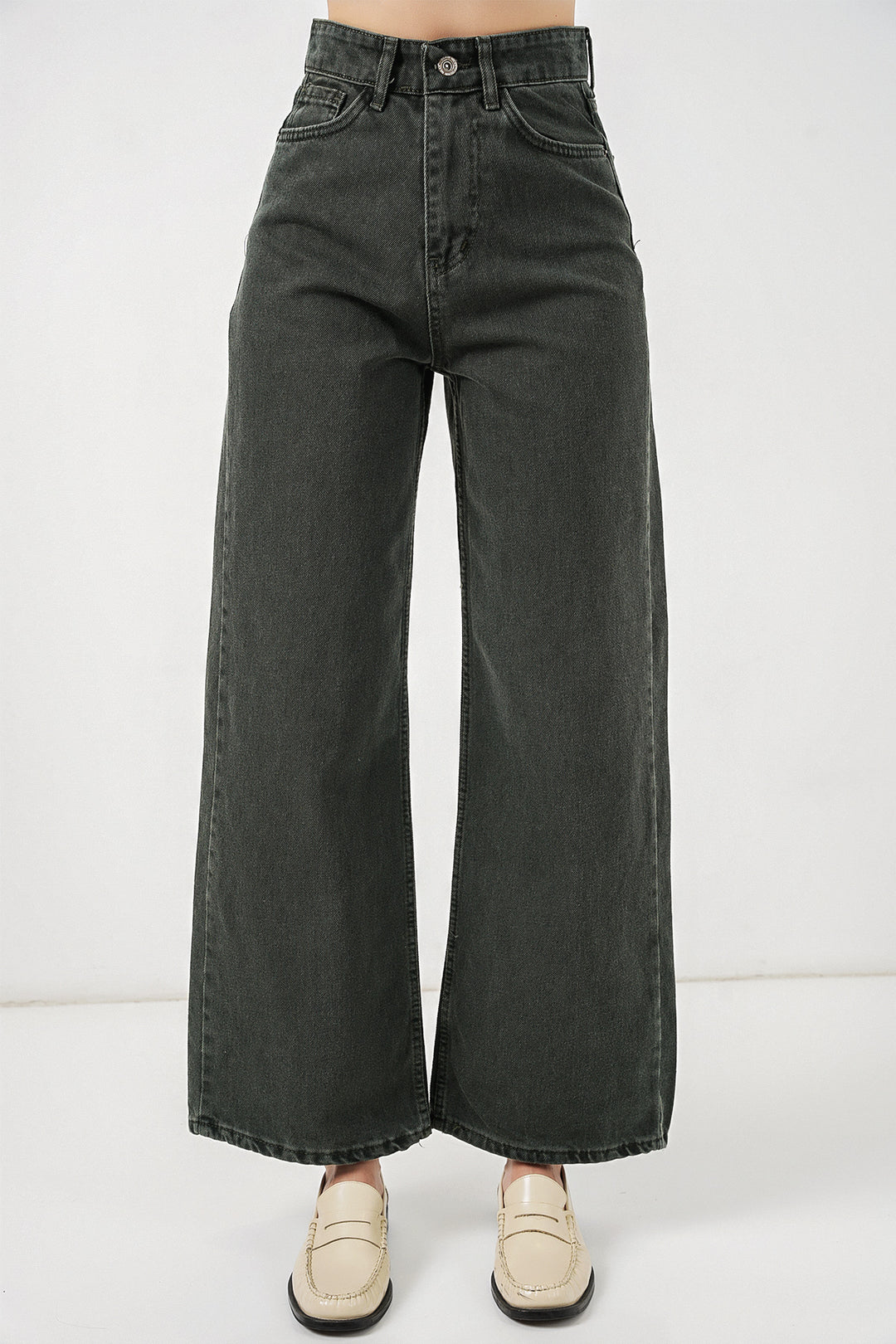Bigdart Pantalon palazzo taille haute en denim large pour femme 6656 - Vert