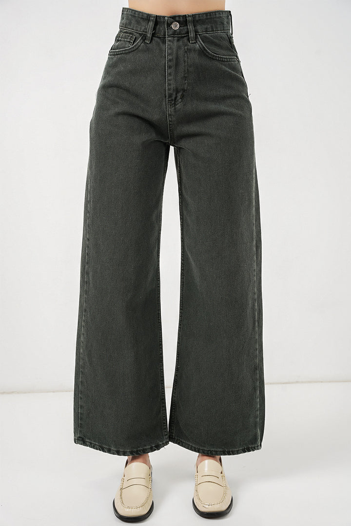 Bigdart Pantalon palazzo taille haute en denim large pour femme 6656 - Vert