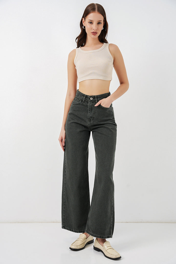 Bigdart Pantalon palazzo taille haute en denim large pour femme 6656 - Vert