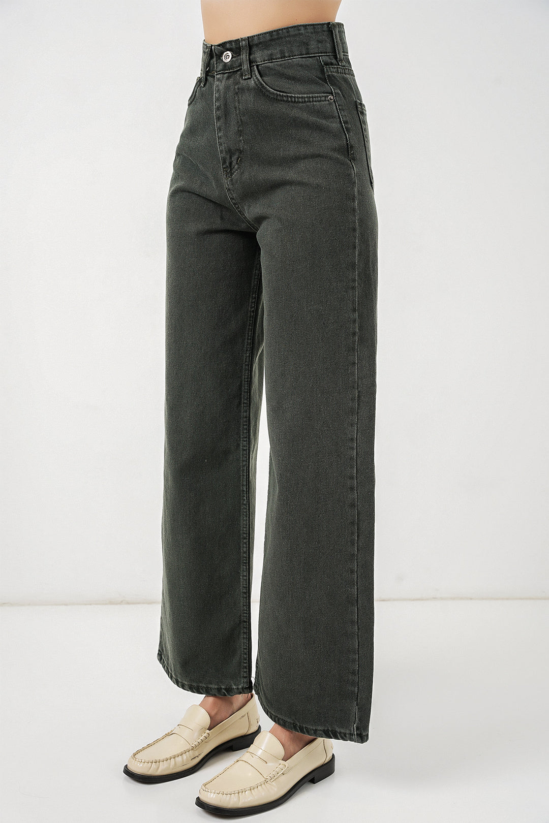 Bigdart Pantalon palazzo taille haute en denim large pour femme 6656 - Vert