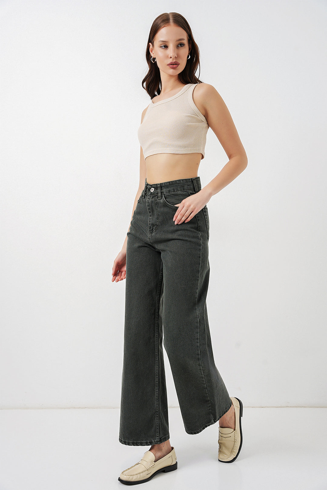 Bigdart Pantalon palazzo taille haute en denim large pour femme 6656 - Vert