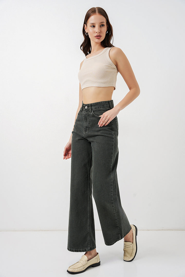 Bigdart Pantalon palazzo taille haute en denim large pour femme 6656 - Vert