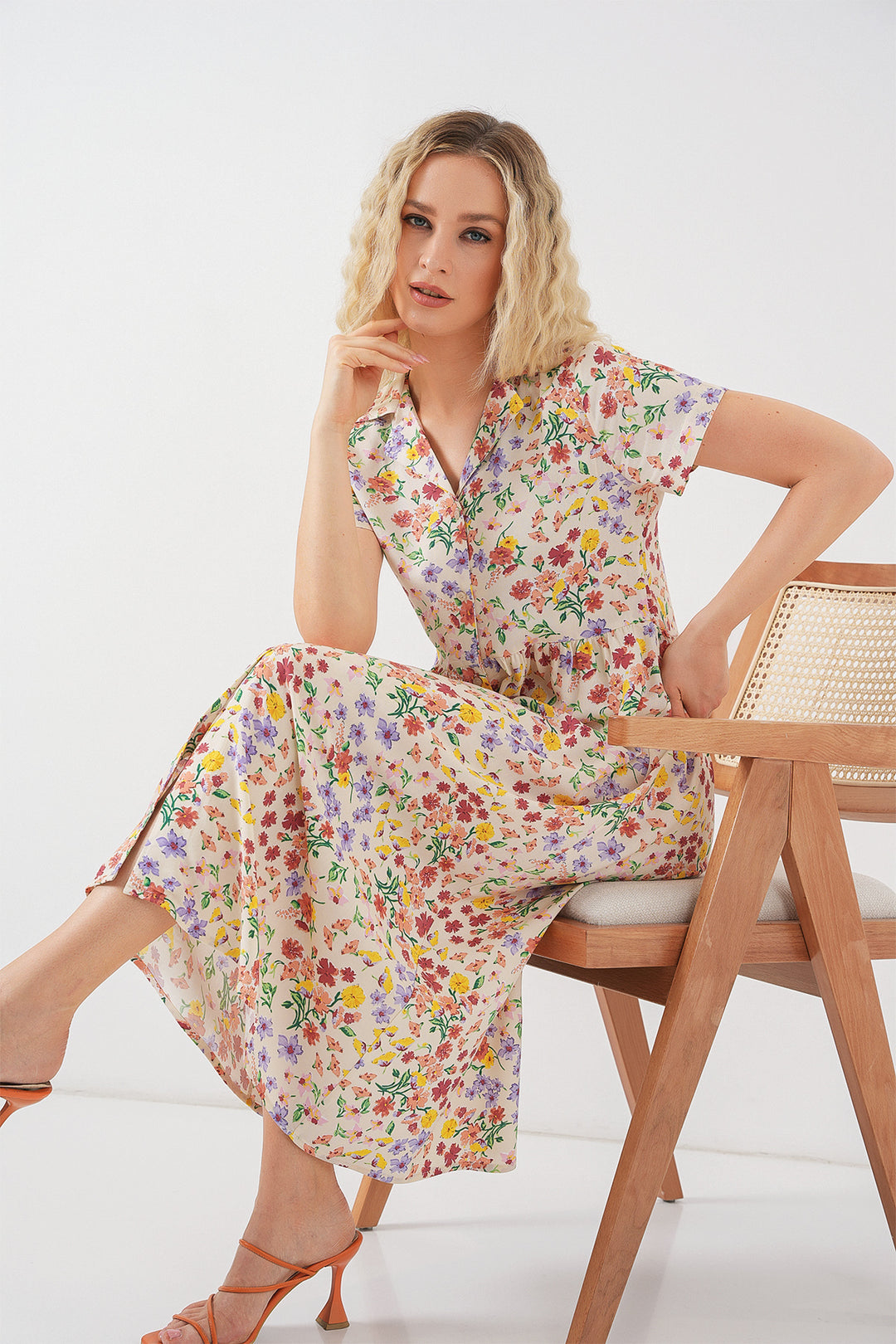 Bigdart Robe à boutons à manches courtes à fleurs pour femmes 2561 - Crème
