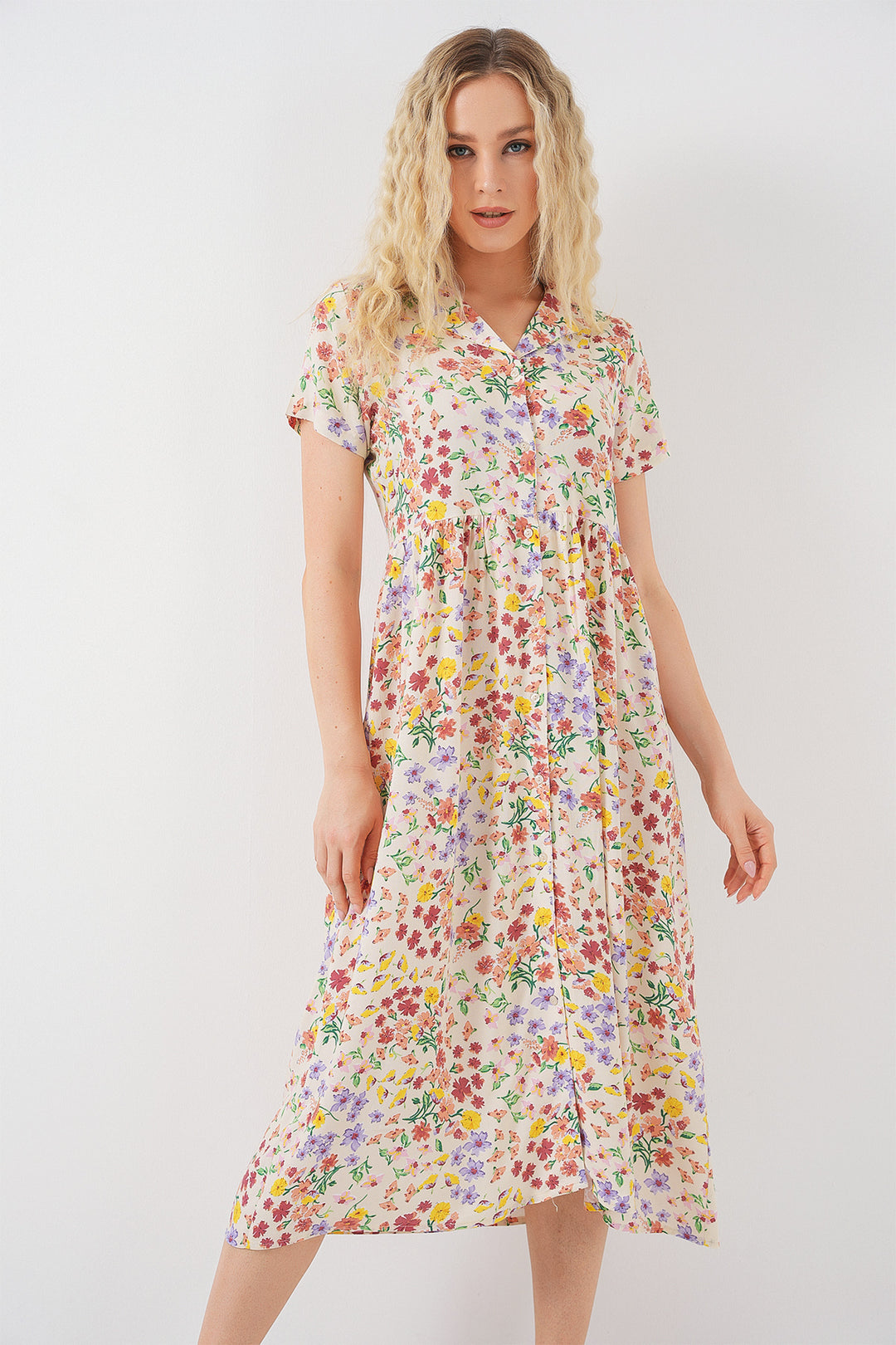 Bigdart Robe à boutons à manches courtes à fleurs pour femmes 2561 - Crème
