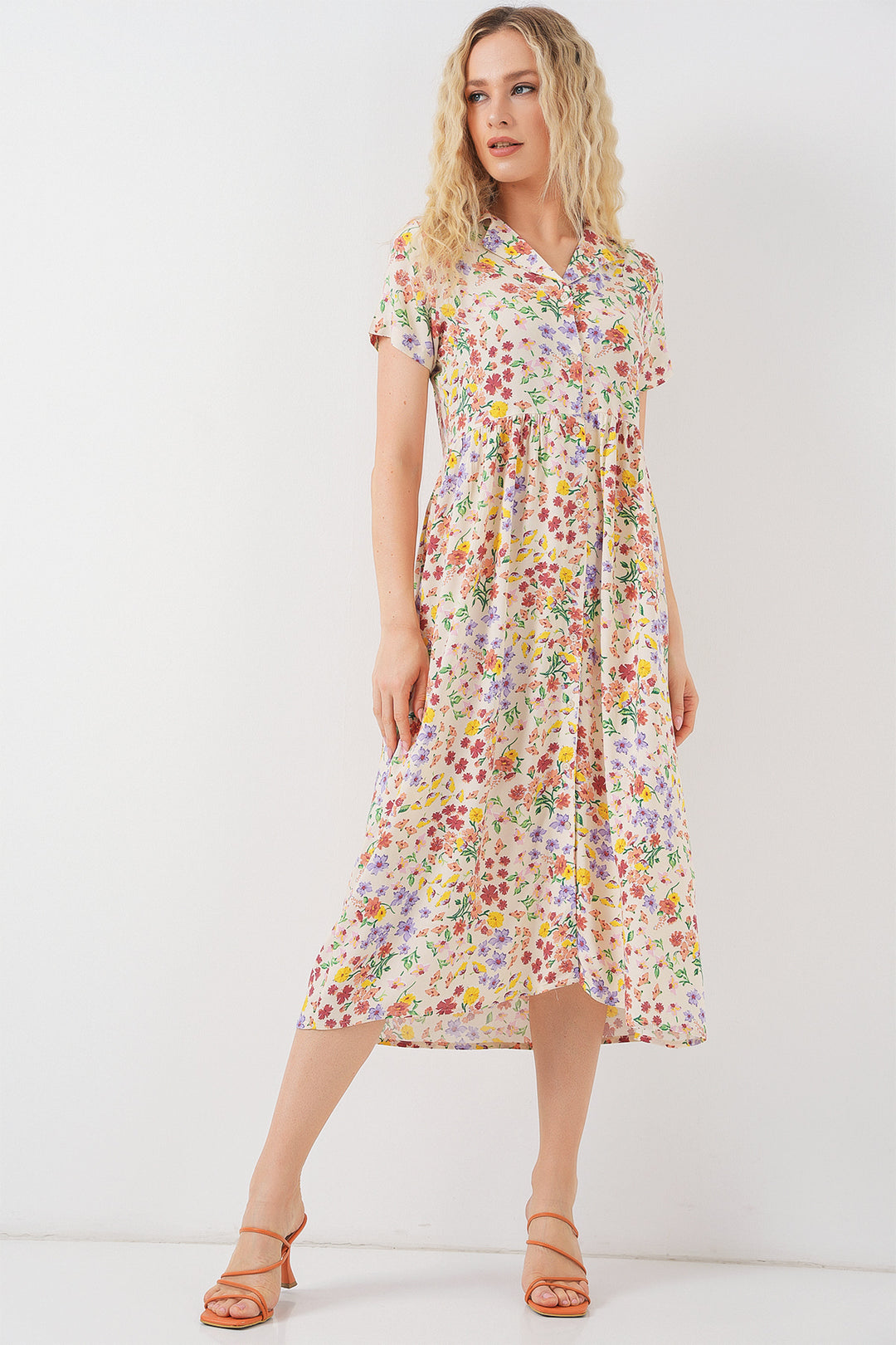 Bigdart Robe à boutons à manches courtes à fleurs pour femmes 2561 - Crème