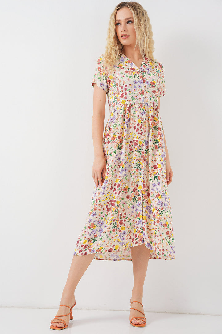 Bigdart Robe à boutons à manches courtes à fleurs pour femmes 2561 - Crème