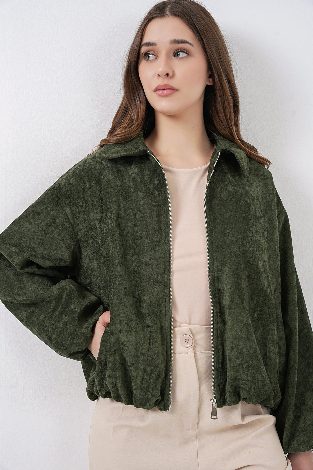 Bigdart Veste en Velours Oversize à Cordons Femme 0733 - Kaki