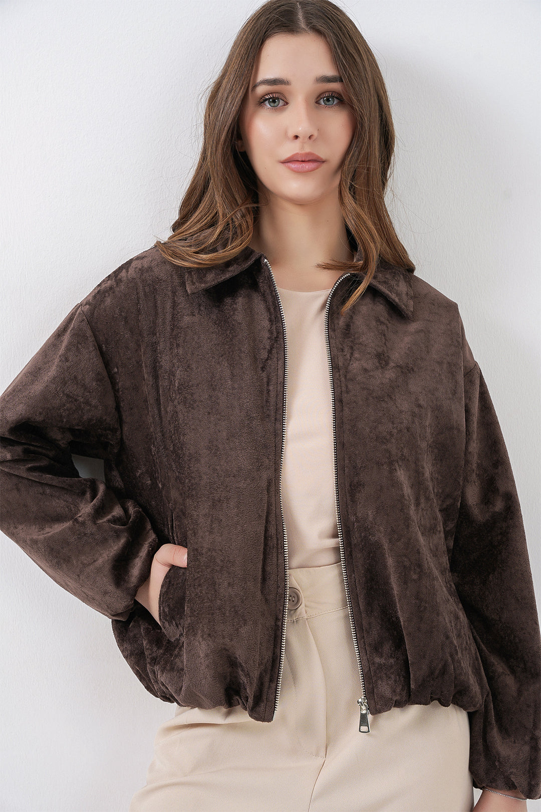 Bigdart Veste en Velours Oversize à Cordons Femme 0733 - Marron