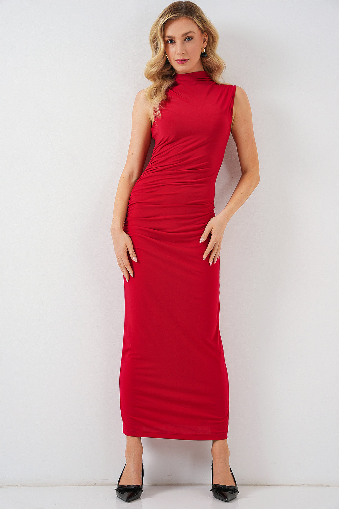 Bigdart Robe drapée sans manches à volants pour femme 2579 - Rouge