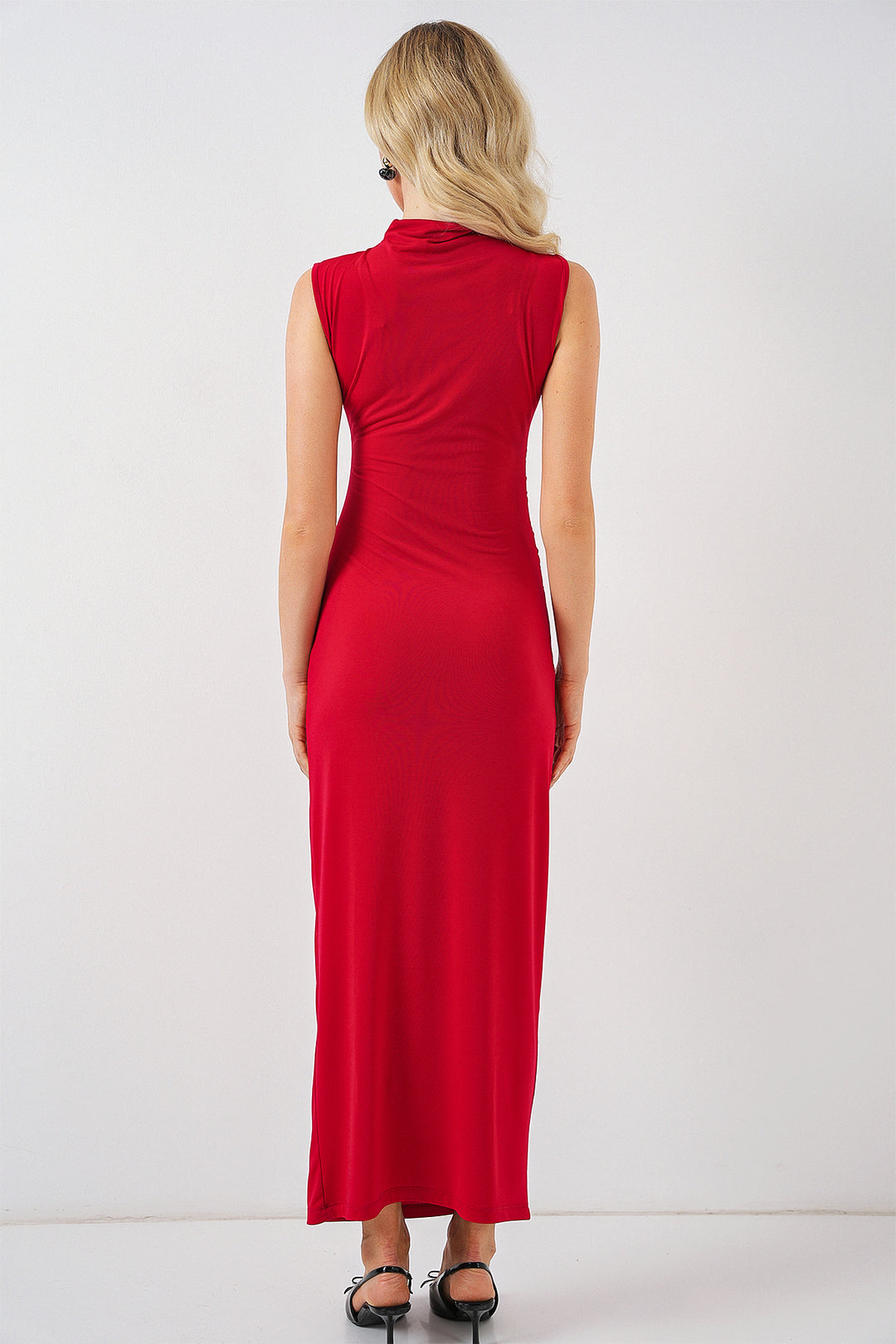Bigdart Robe drapée sans manches à volants pour femme 2579 - Rouge