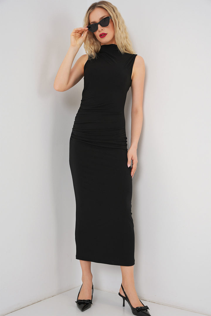 Bigdart Robe drapée à col sans manches froncée 2579 - Noir