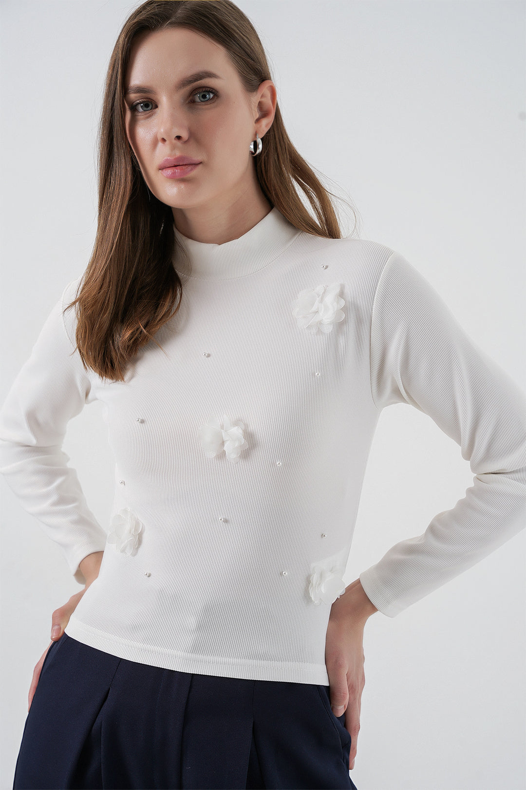 Bigdart Blouse en tricot à fleurs pour femme 978 - Blanc