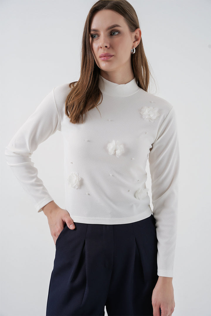 Bigdart Blouse en tricot à fleurs pour femme 978 - Blanc