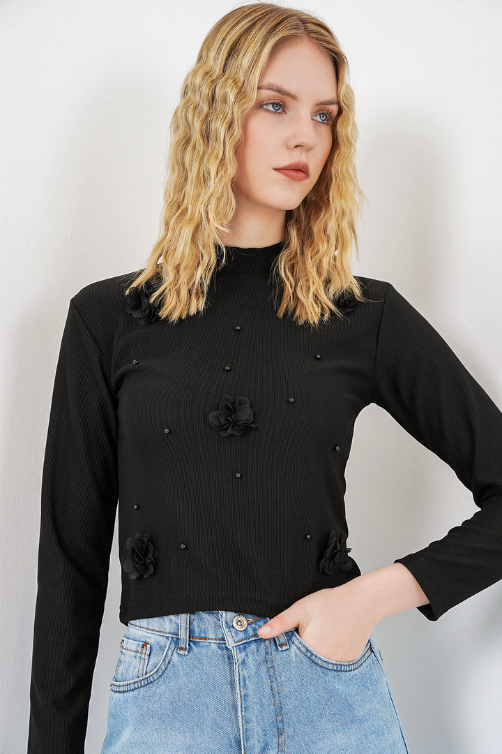 Bigdart Blouse tricotée à fleurs pour femmes 978 - Noir