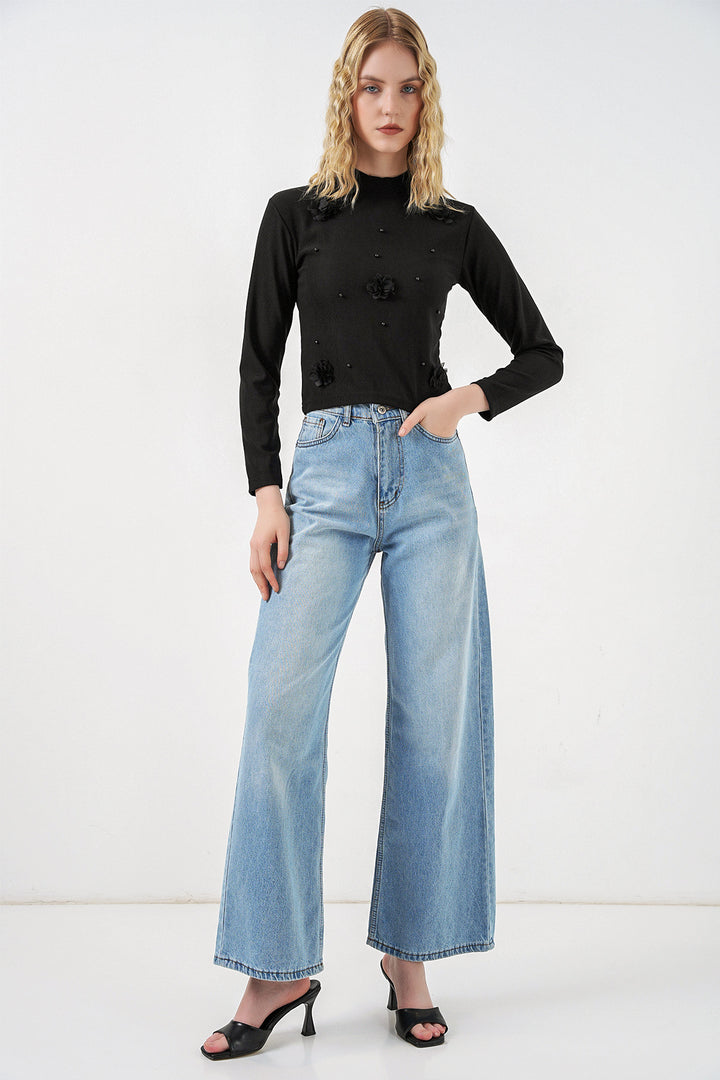 Bigdart Blouse tricotée à fleurs pour femmes 978 - Noir