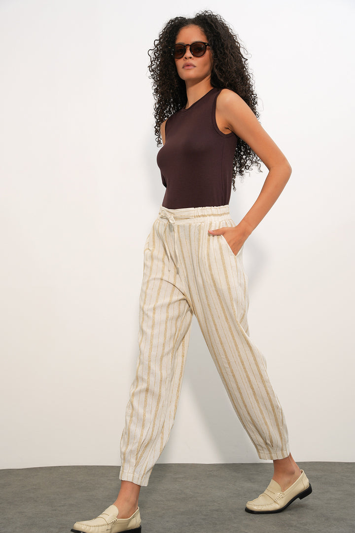 Bigdart Pantalon en lin rayé femme 30102 - Beige