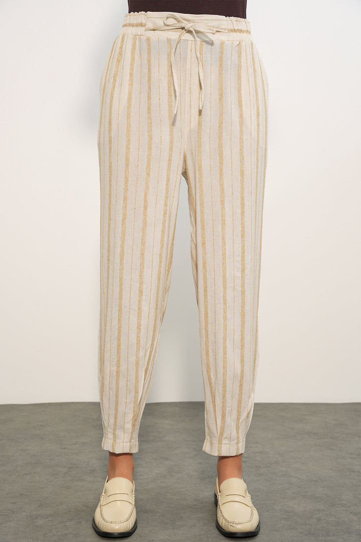 Bigdart Pantalon en lin rayé femme 30102 - Beige