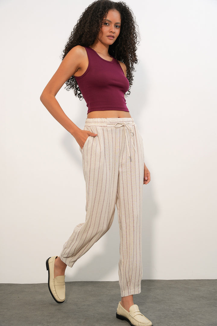 Bigdart Pantalon en lin rayé femme 30102 - Fuchsia