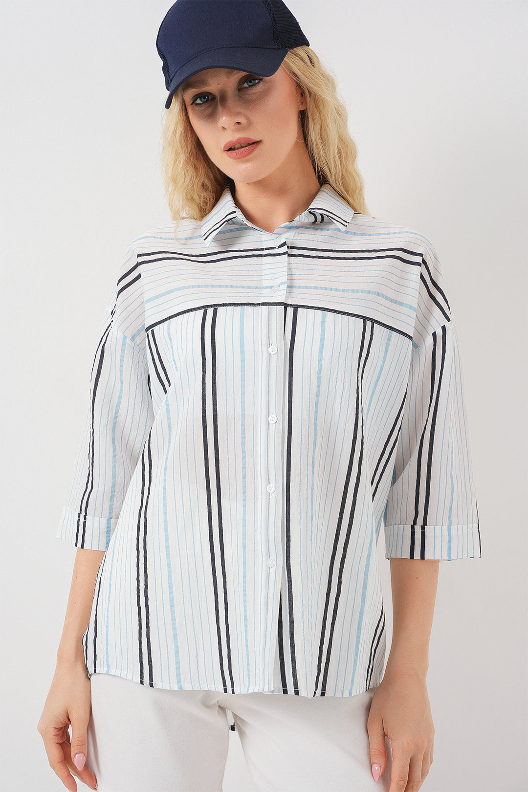 Bigdart Femme Chemise à Manches Courtes Rayée 20344 - Bleu clair
