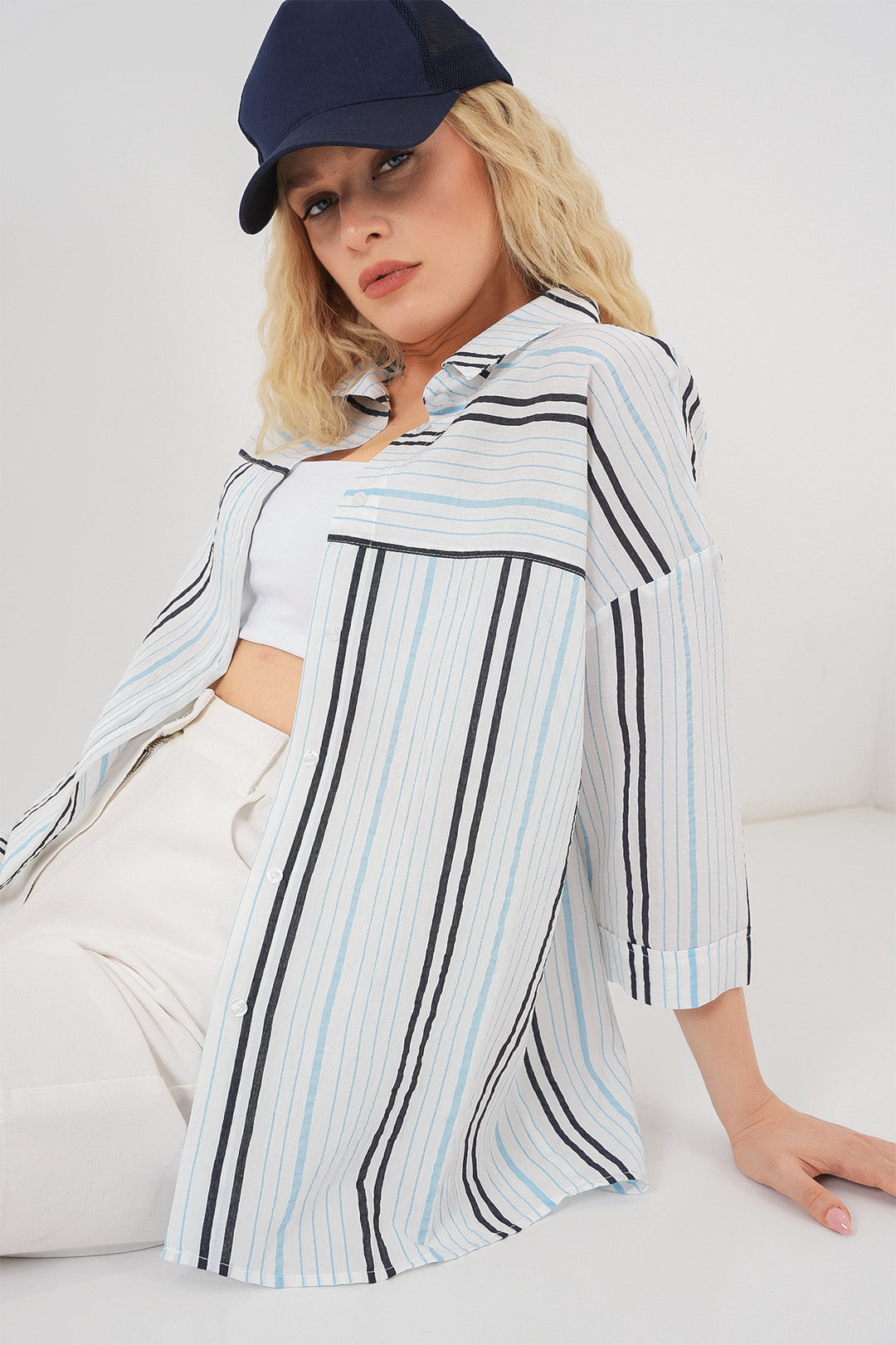 Bigdart Femme Chemise à Manches Courtes Rayée 20344 - Bleu clair