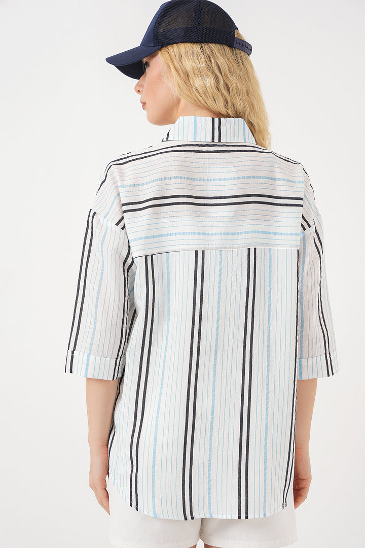 Bigdart Femme Chemise à Manches Courtes Rayée 20344 - Bleu clair
