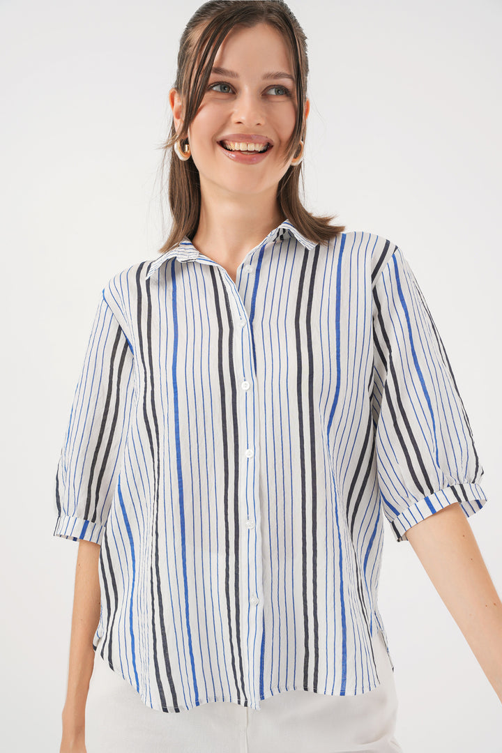 Bigdart Chemisier à manches courtes rayé pour femme 20345 - Bleu marine