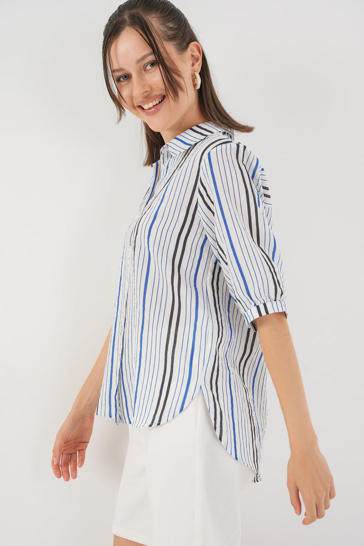 Bigdart Chemisier à manches courtes rayé pour femme 20345 - Bleu marine