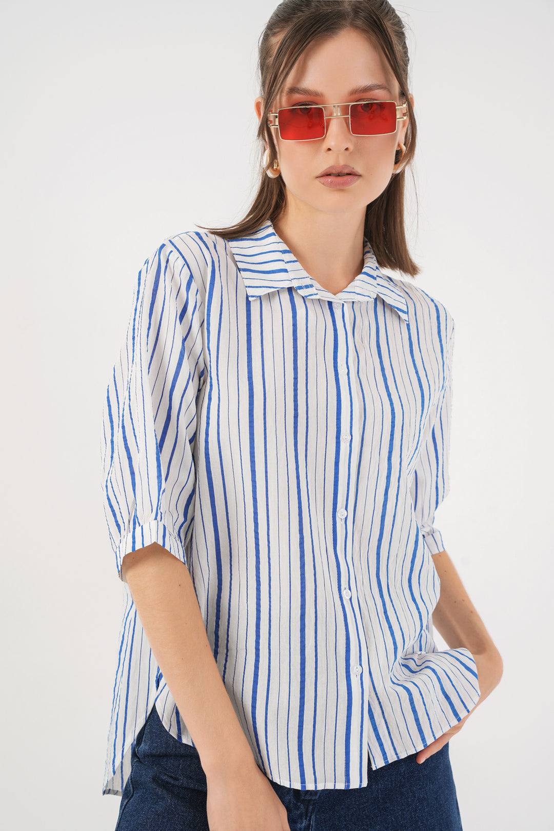 Bigdart Chemisier à manches courtes rayé pour femme 20345 - Bleu