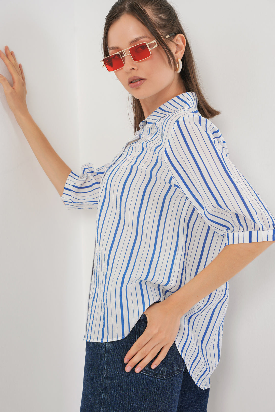 Bigdart Chemisier à manches courtes rayé pour femme 20345 - Bleu