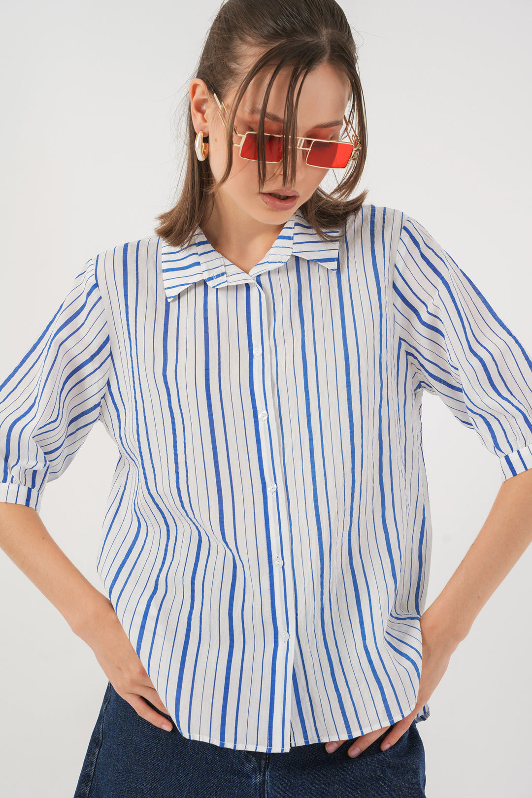 Bigdart Chemisier à manches courtes rayé pour femme 20345 - Bleu