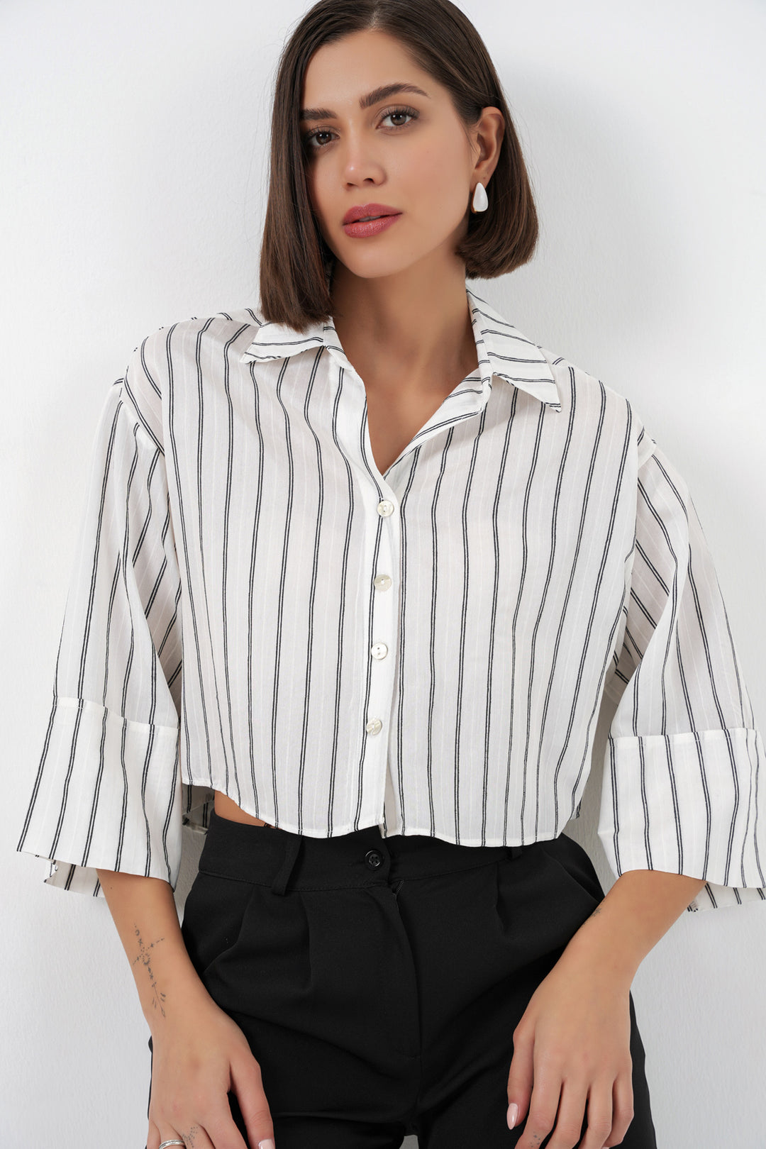 Bigdart Chemise courte oversize à rayures pour femme 20326 - Blanc cassé