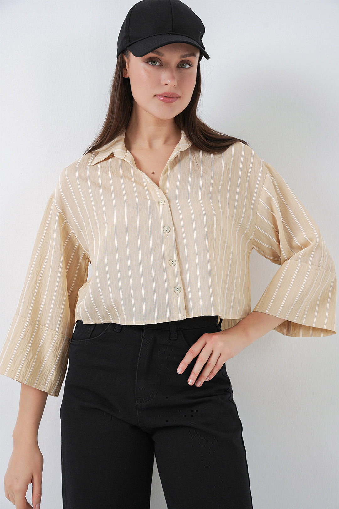 Bigdart Chemise Courte Oversize Rayée Femme 20326 - Beige