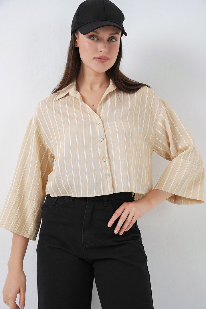 Bigdart Chemise Courte Oversize Rayée Femme 20326 - Beige