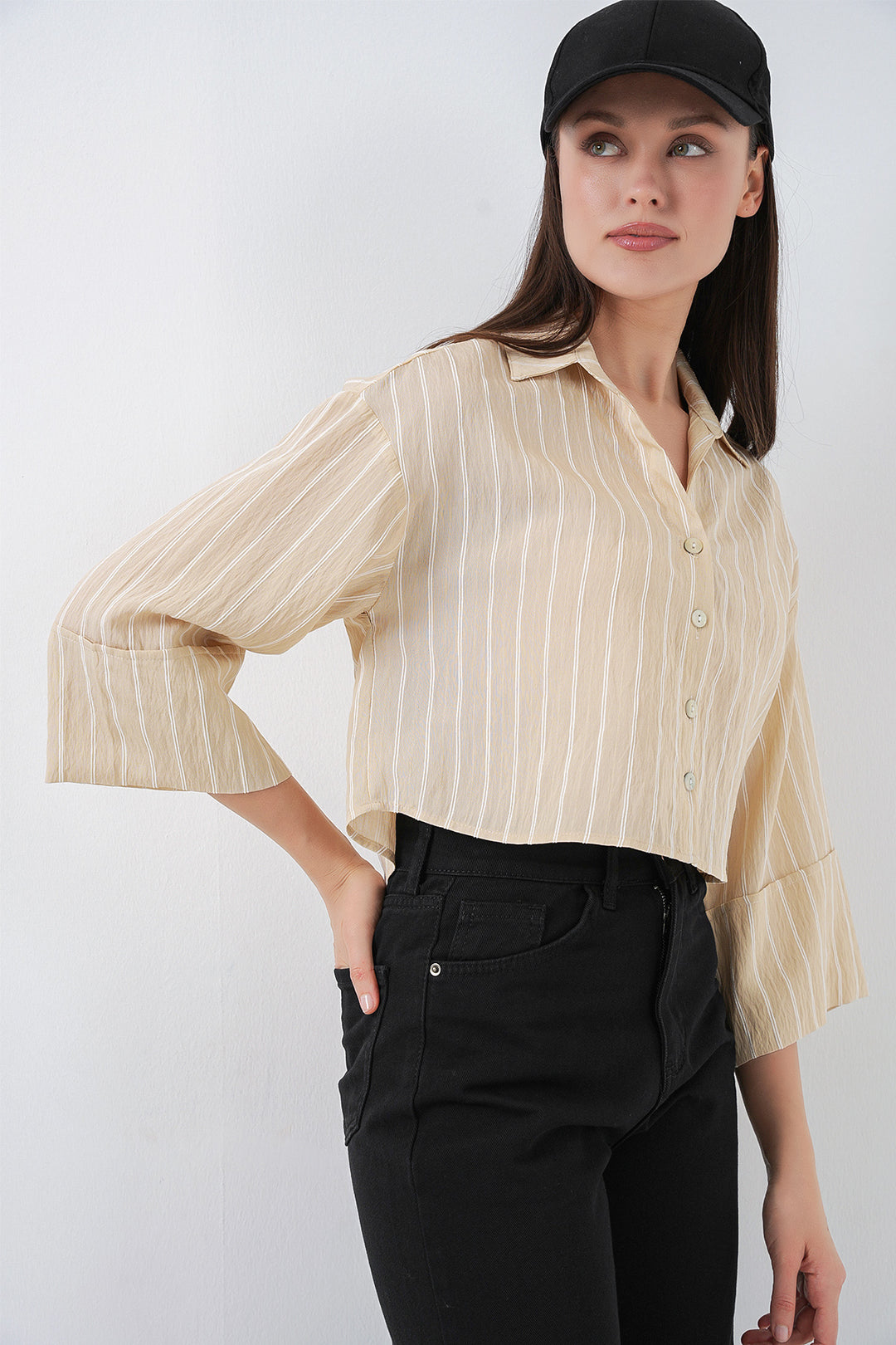 Bigdart Chemise Courte Oversize Rayée Femme 20326 - Beige