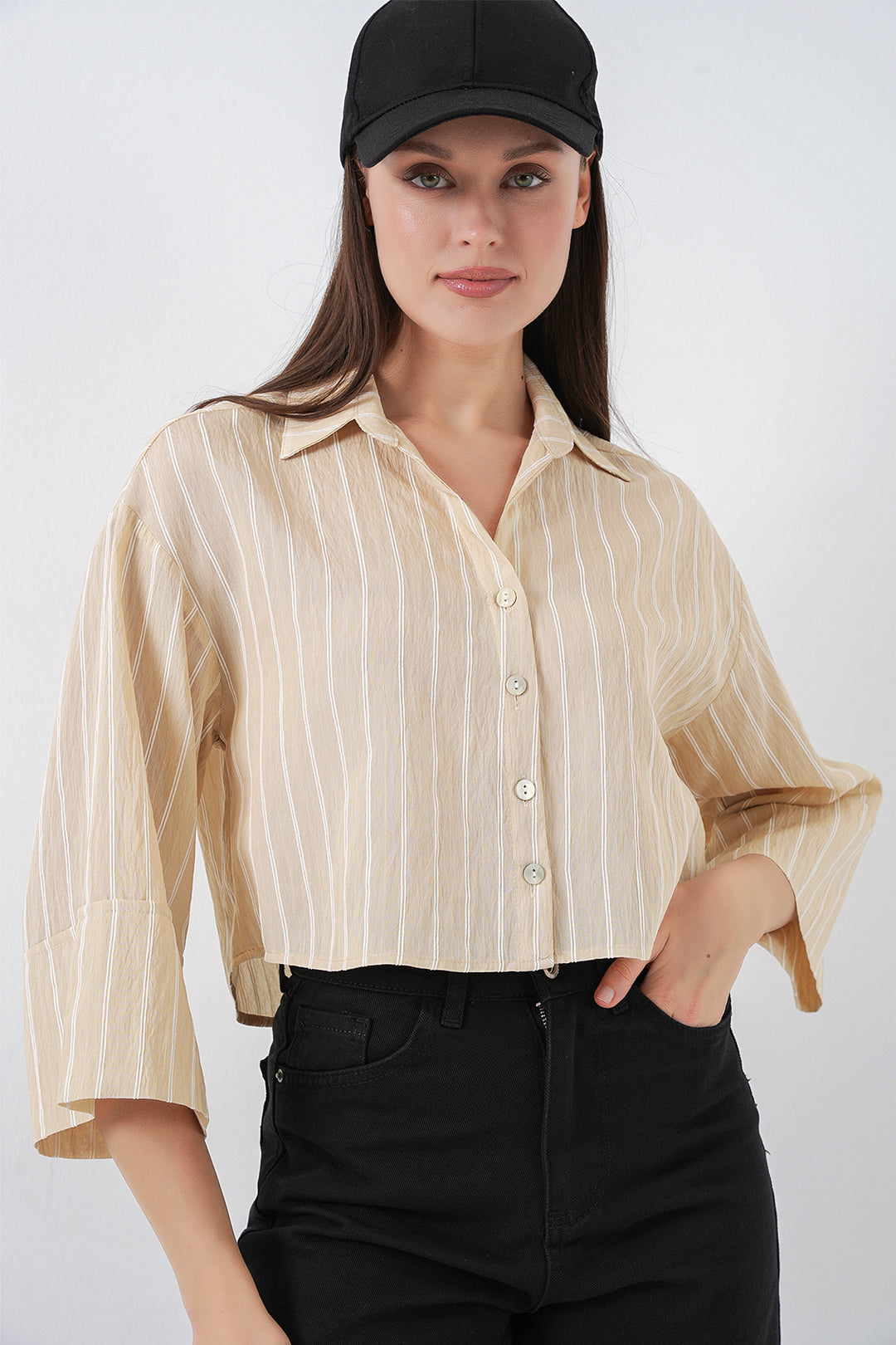 Bigdart Chemise Courte Oversize Rayée Femme 20326 - Beige
