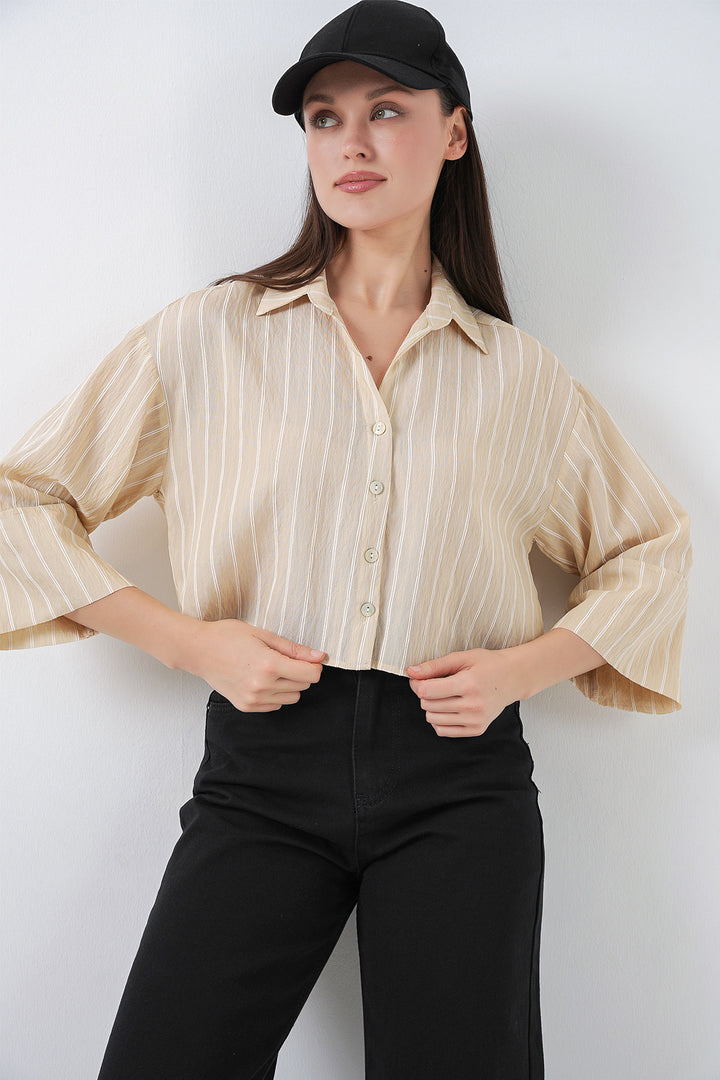 Bigdart Chemise Courte Oversize Rayée Femme 20326 - Beige