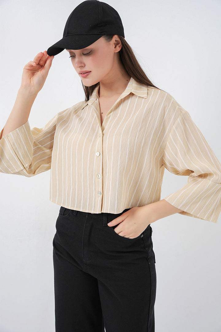 Bigdart Chemise Courte Oversize Rayée Femme 20326 - Beige