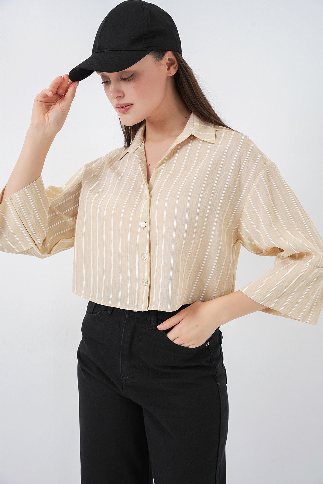 Bigdart Chemise Courte Oversize Rayée Femme 20326 - Beige