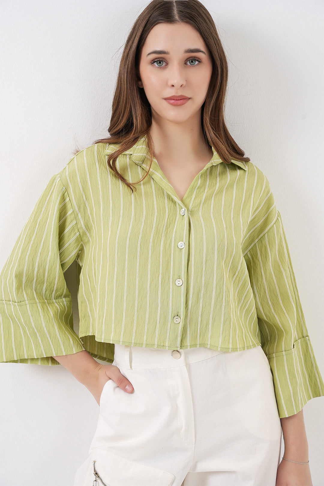 Bigdart Chemise Courte Oversize Rayée Femme 20326 - Vert clair