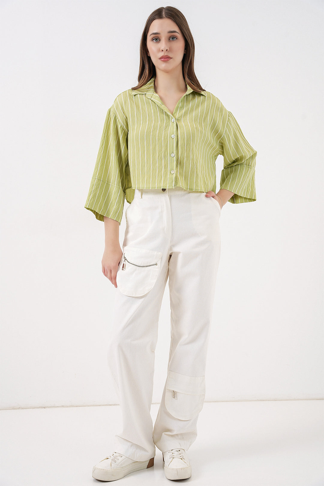Bigdart Chemise Courte Oversize Rayée Femme 20326 - Vert clair