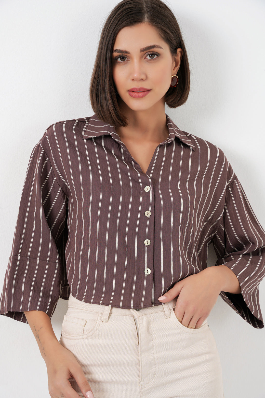 Bigdart Chemise courte oversize à rayures pour femme 20326 - Marron