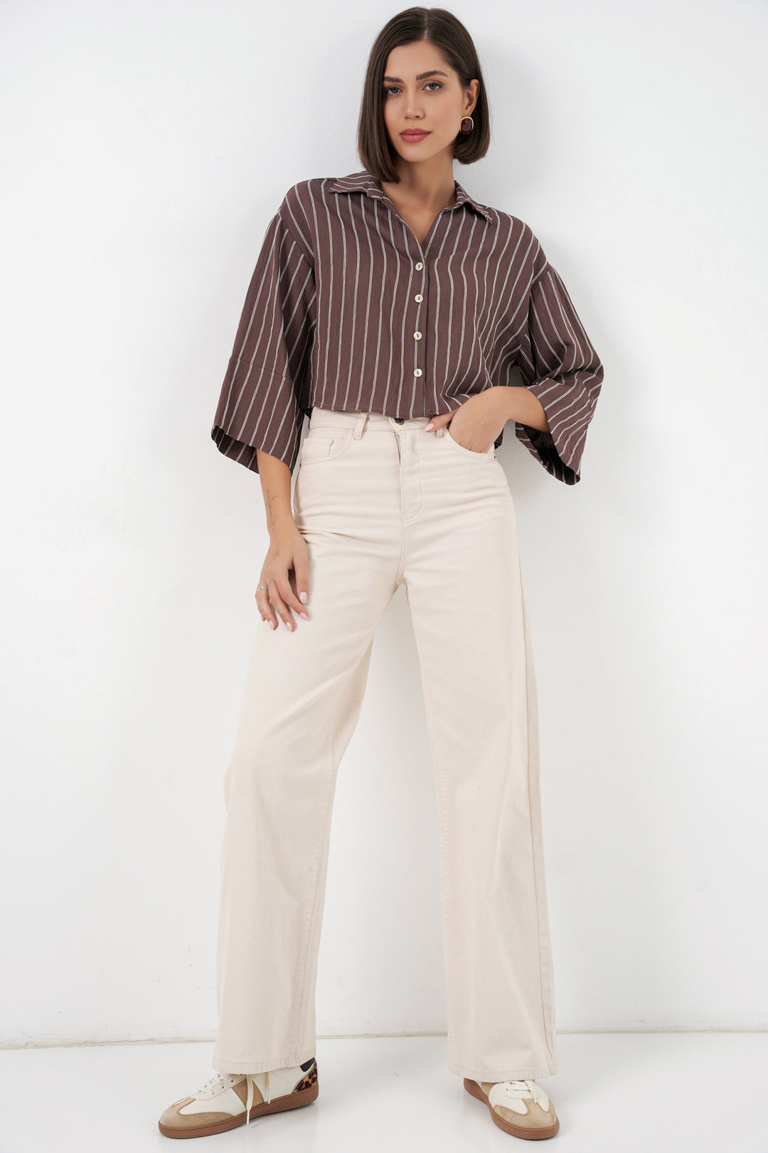 Bigdart Chemise courte oversize à rayures pour femme 20326 - Marron