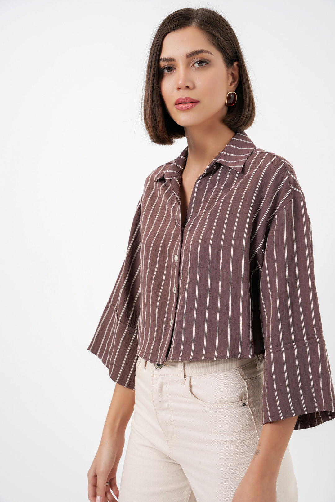 Bigdart Chemise courte oversize à rayures pour femme 20326 - Marron