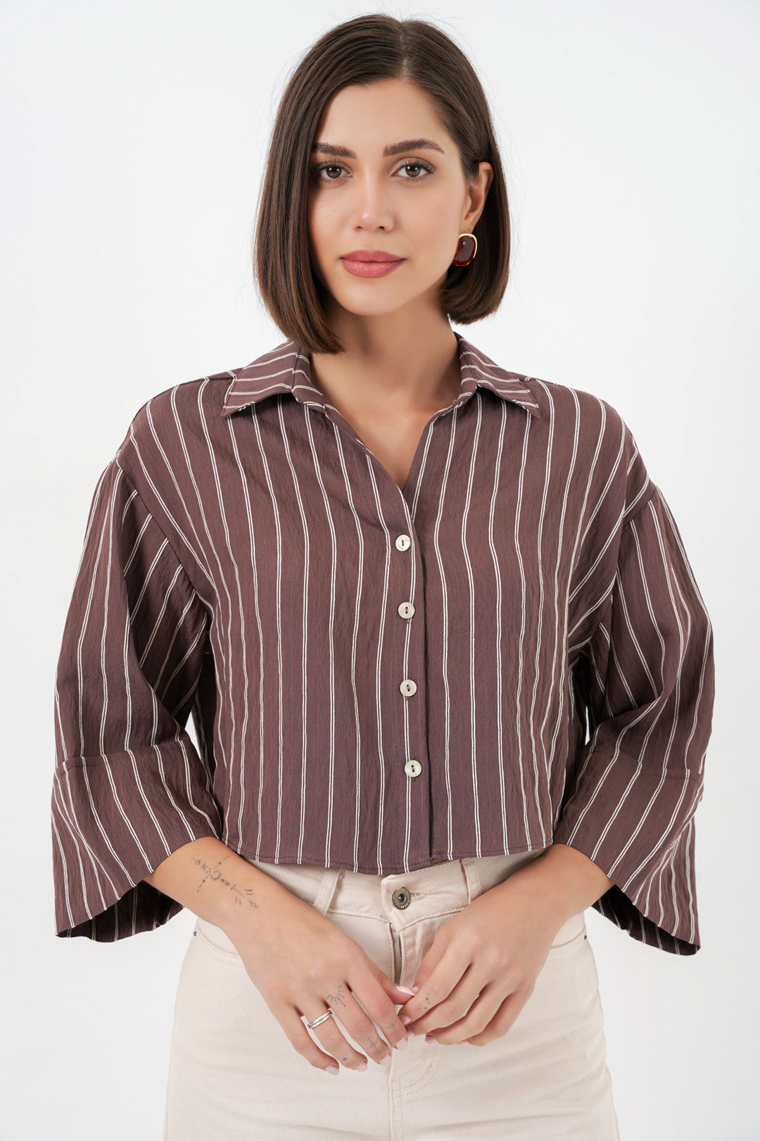Bigdart Chemise courte oversize à rayures pour femme 20326 - Marron