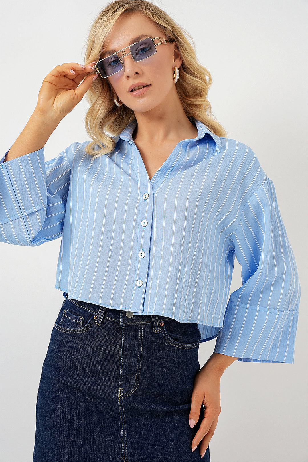 Bigdart Chemise courte oversize à rayures femme 20326 - Bleu