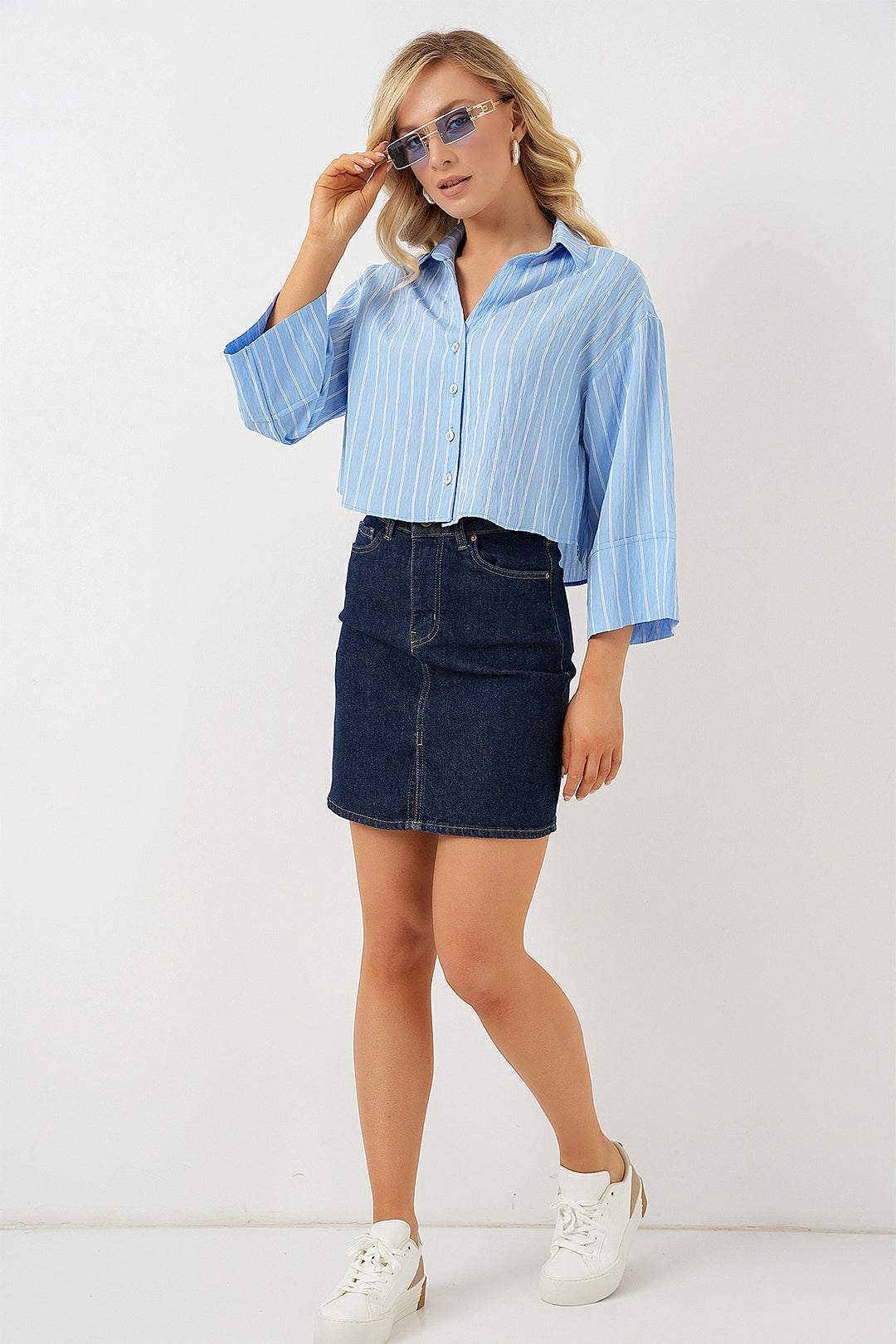 Bigdart Chemise courte oversize à rayures femme 20326 - Bleu