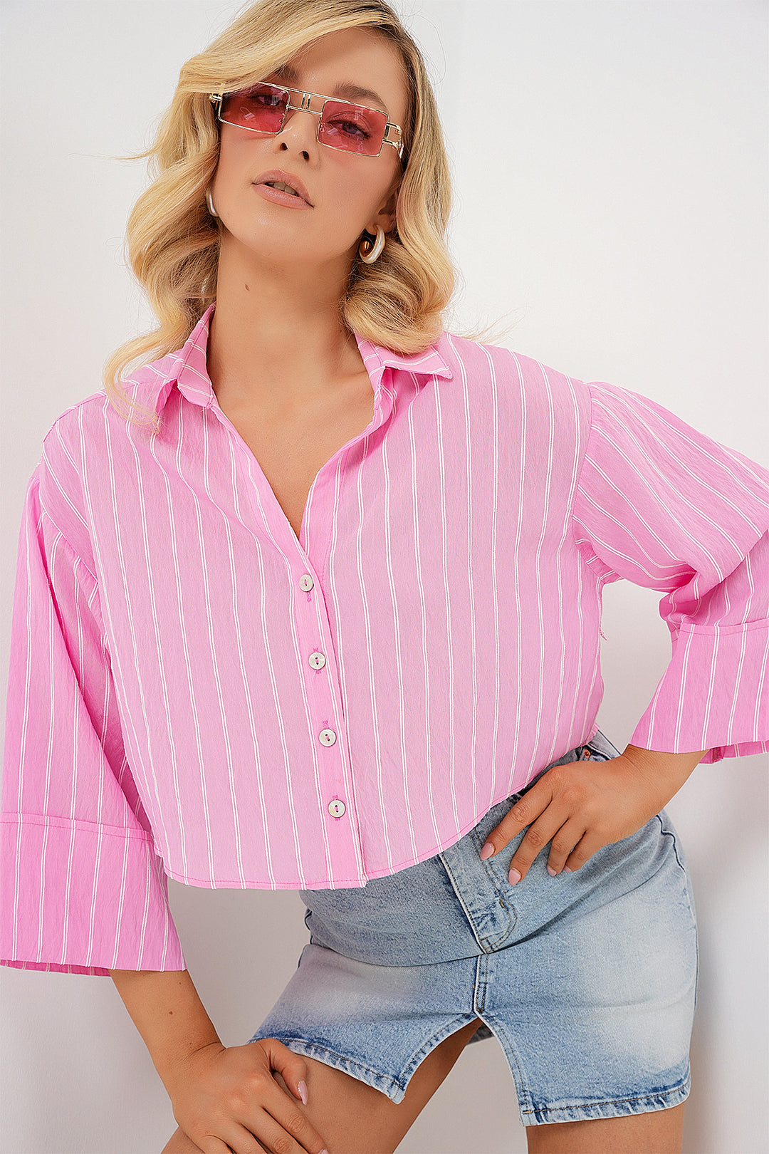 Bigdart Chemise courte oversize à rayures pour femme 20326 - Rose